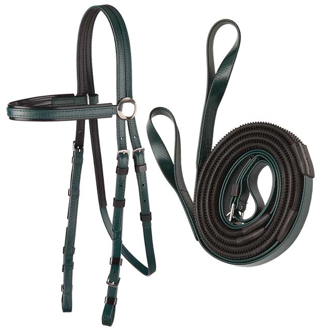 Zilco軽量黒パット・レースブライドル&ループ手綱セット/ダークグリーン
