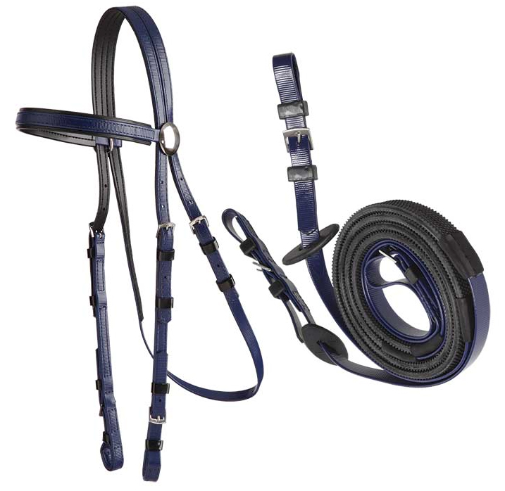 Zilco軽量黒パット・レースブライドル&バックル手綱セット紺