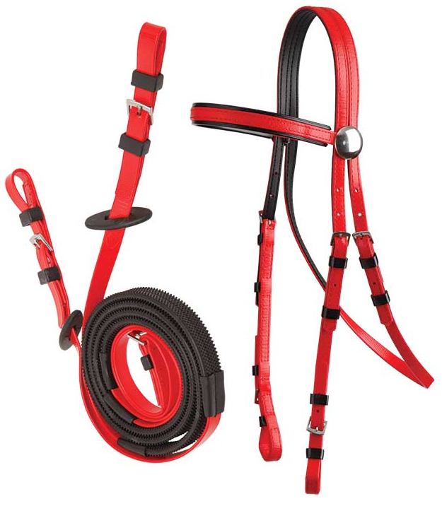 Zilco軽量黒パット・レースブライドル&バックル手綱セット赤
