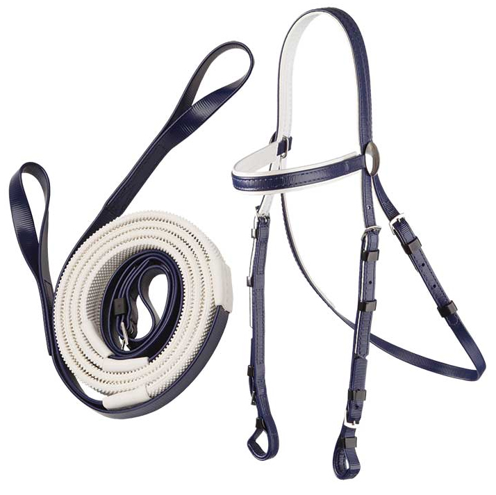 Zilco軽量白パット・レースブライドル&ループ手綱セット紺
